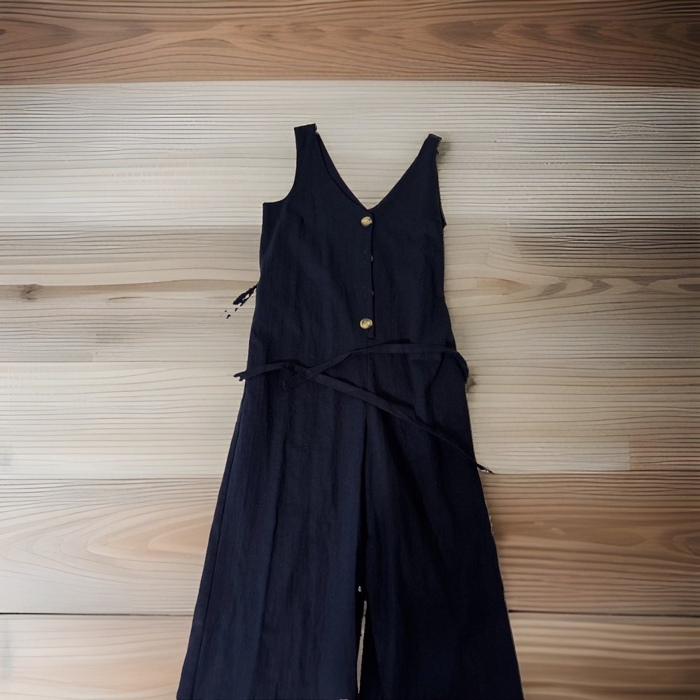 Monteau Women's S Navy Linen Blend Wide Leg Jumpsuit Belted Button Front